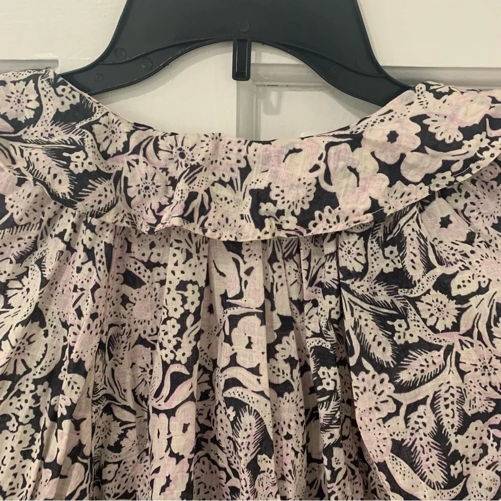 By Anthropologie Button Up Peasant Blouse XSmall Black Floral Puff Sleeve V-Neck